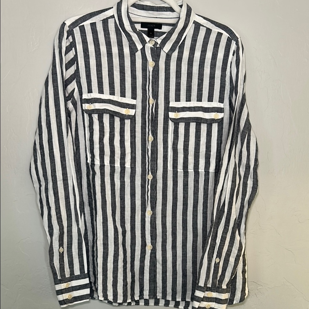 J. Crew Graphite Gray and White Striped Women’s Linen Shirt with Double Pockets